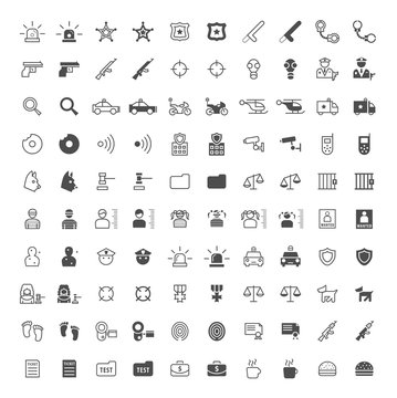 Set of 100 Police Minimal and Solid Icons on White Background . Vector Isolated Elements
