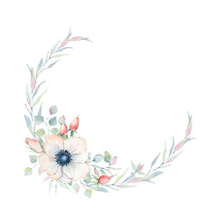 Fototapeta na wymiar Elegant watercolor flowers circle frame