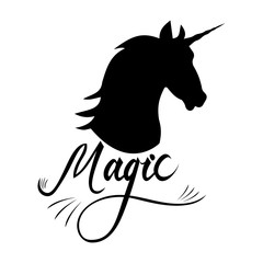 unicorn head silhouette with text. Inspirational illustration design for print, banner, poster. Magic phrase on unicorn.
