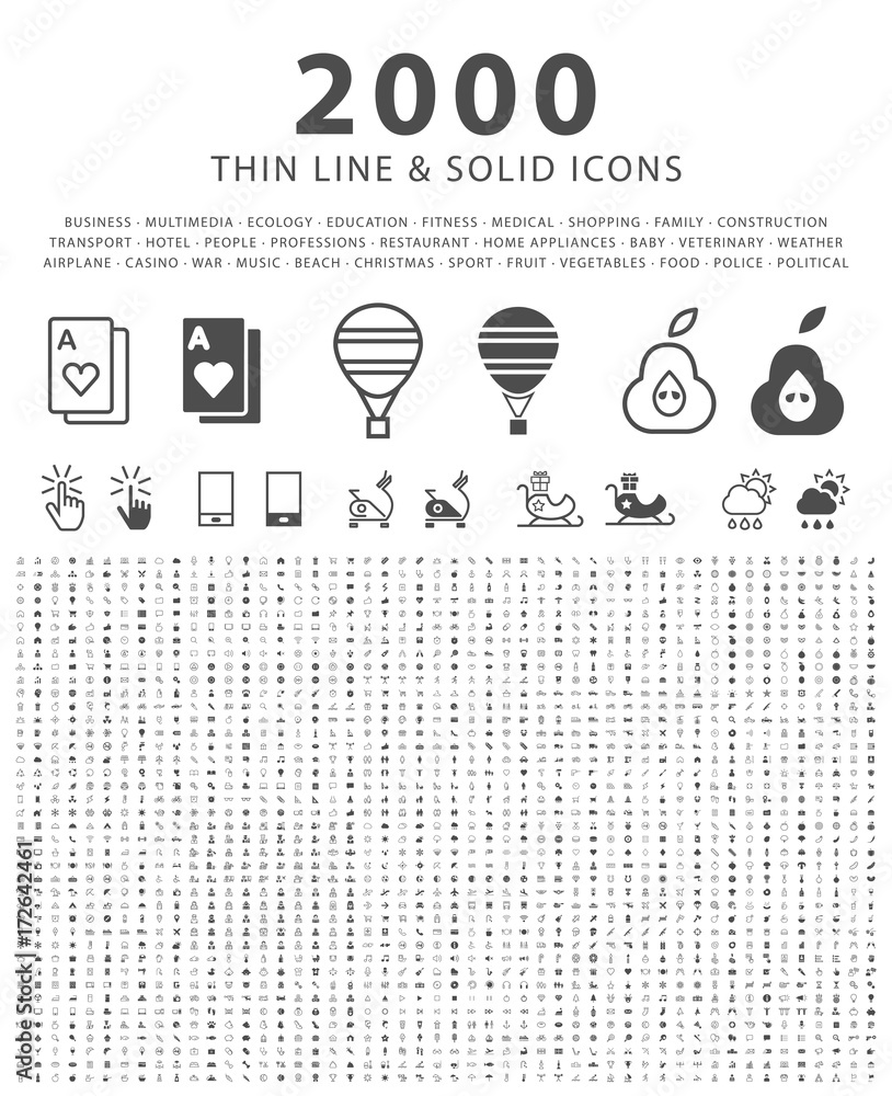 Poster set of 2000 minimal and solid icons on white background . vector isolated elements