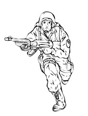 Cartoon Army Soldier Running with Gun Drawing Vector