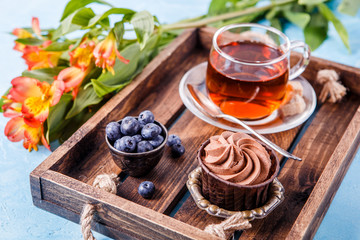 Picture of dessert with blueberries, tea