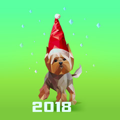 Modern low poly (low polygonal) style Yorkshire Terrier dog portrait in Santa hat. Christmas design element