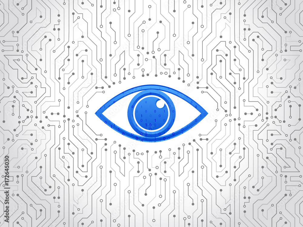 Poster Abstract high tech circuit board. Eye cyber security concept. Network data protection background. Search and analysis of information.