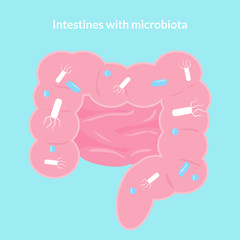 Intestines with microbiota. Cartoon style. Vector hand drawn illustration.