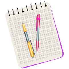 Notebook, yellow  pen and pink pen on a white background
