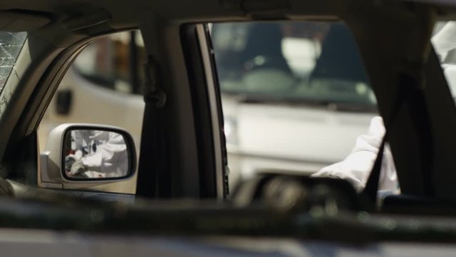  Aggressive astronaut with road rage vandalizing car mirror with baseball bat