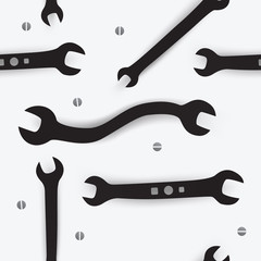 Different size wrenches and screw heads on white background  seamless pattern. Vector illustration, backdrop