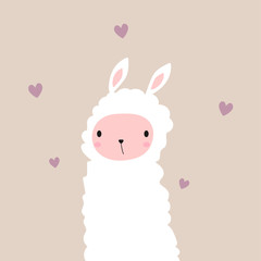 Cute white llama. Animal kids graphic. Vector hand drawn illustration.