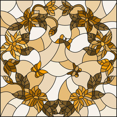 Naklejki  Illustration in stained glass style with  flowers in a circle and butterflies,brown tone,Sepia