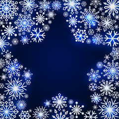 Snowflake frame in the shape of a star. Winter theme. New Year s and Christmas. Snowflakes of different shapes and sizes. Vector Image.