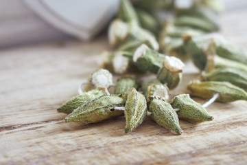 Dried okra (ladies' fingers, ochro) on peace of string