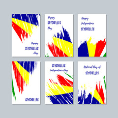 Seychelles Patriotic Cards for National Day. Expressive Brush Stroke in National Flag Colors on white card background. Seychelles Patriotic Vector Greeting Card.