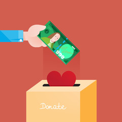 Outstretched hand putting a dollar bill to a charity box (donation, donate). Red heart in a paper box. Red background, modern, flat 2.0 style