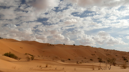 Fototapeta na wymiar Deserto Sahara in Tunisia, nuvole e dune di sabbia