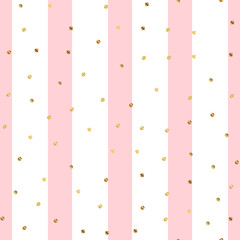 Golden dots seamless pattern on pink striped background. Overwhelming gradient golden dots endless random scattered confetti on pink striped background. Confetti fall chaotic decor.