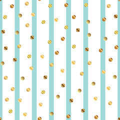Golden dots seamless pattern on blue striped background. Cool gradient golden dots endless random scattered confetti on blue striped background. Confetti fall chaotic decor. Modern creative pattern.
