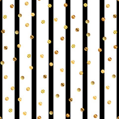 Golden dots seamless pattern on black and white striped background. Classy gradient golden dots endless random scattered confetti on black and white striped background. Confetti fall chaotic decor.