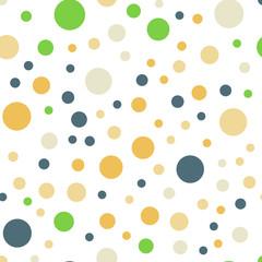 Colorful polka dots seamless pattern on white 13 background. Comely classic colorful polka dots textile pattern. Seamless scattered confetti fall chaotic decor. Abstract vector illustration.