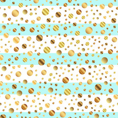 Golden dots seamless pattern on blue striped background. Beauteous gradient golden dots endless random scattered confetti on blue striped background. Confetti fall chaotic decor.