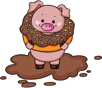 Pig inside chocolate donut on mud

