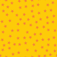 Orange stars seamless pattern on yellow background. Symmetrical endless random scattered orange stars festive pattern. Modern creative chaotic decor. Vector abstract illustration.