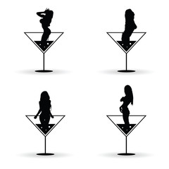 girl silhouette in martini glass set illustration