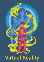 Games in virtual reality. The young man in the glasses of virtual reality and the player's avatar is a warrior with a sword. Character of game.Vector concept illustration.