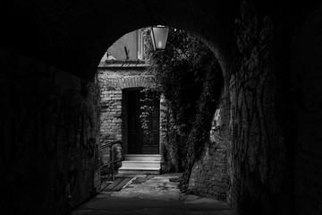 Romantic view of an exit of an arched dark graffiti passageway with an overgrown building and a lantern in the background - obrazy, fototapety, plakaty
