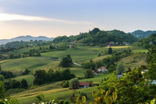 Beautiful green rich hilly landscape of Zagorje region in Croatia