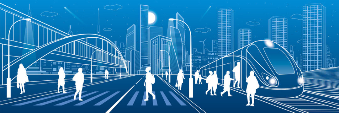 City and transport illustration. Big bridge. Pedestrian crossing. Passengers get in train, people at station. Modern town on background, towers and skyscrapers. White lines. Vector design art