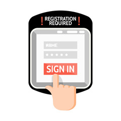 Sign in / registration required sign on tablet device screen for web site, mobile app, infographics. Finger touch sign in button