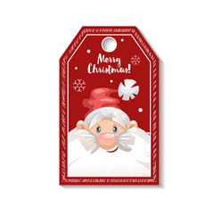 Cartoon looking red Christmas tag or label  with smiling Santa Claus in hat. Gift tag, invitation banner, sale or discount poster.
