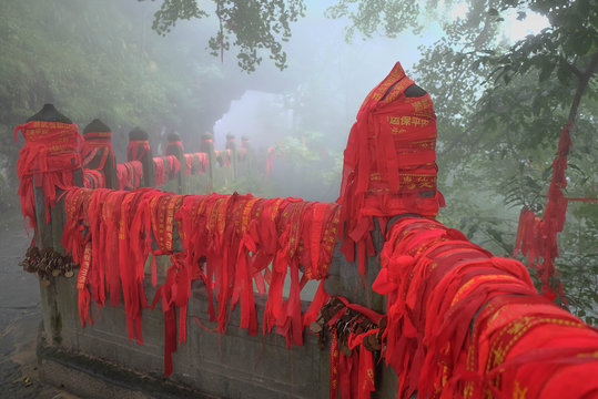 The traditional red ribbon in the monastery of Wudang Mountains