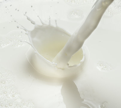 Pouring milk and milk splash. Close-up.