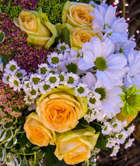 yellow roses and white chrysanthemums