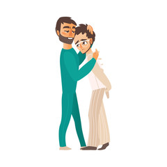 vector flat doctor hugging man in Psychiatric hospital, mental patient uniform, glasses walking folded arms behind his back . Isolated illustration on a white background. Mental illness concept