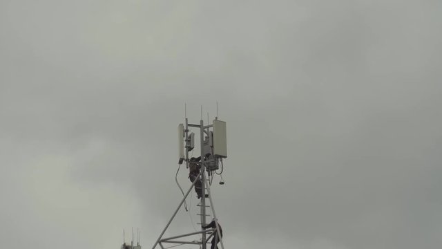 The technicians serve the cellular aerials against the gray sky. Engineers of electronics conduct diagnostics of radio antennas of mobile telephone communication, Internet, television.