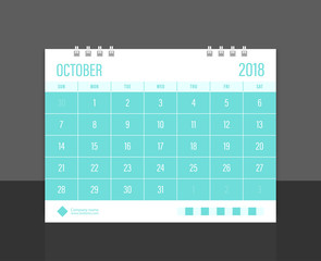 Calendar 2018 October week start on Sunday. Desk calendar corporate design template vector.