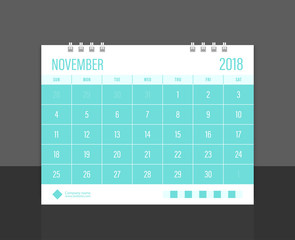 Calendar 2018 November week start on Sunday. Desk calendar corporate design template vector.
