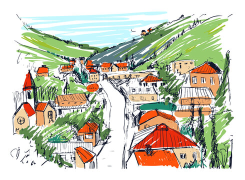 Sketch of mountain landscape with Georgian town colored hand drawn