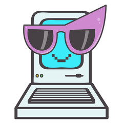 Happy little eighties computer emoticon with big purple sunglasses, vector cartoon isolated on white background