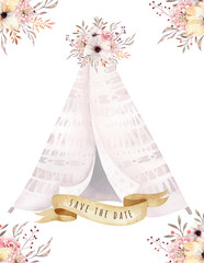 Hand drawn watercolor tribal teepee, isolated white campsite tent. Boho America traditional native ornament wigwam. bohemian decoration tee-pee with arrows and feathers © kris_art