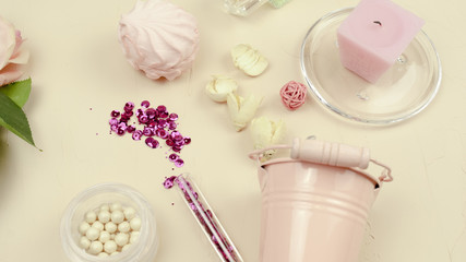 Flowers, marshmallows, cream color, rose. Still life.