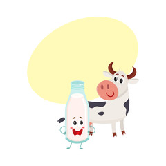 Funny farm cow and milk bottle characters with smiling human faces, cartoon vector illustration with space for text. Cute and funny cow and milk bottle characters, standing and smiling