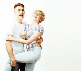 young pretty teenage couple, hipster guy with his girlfriend hap