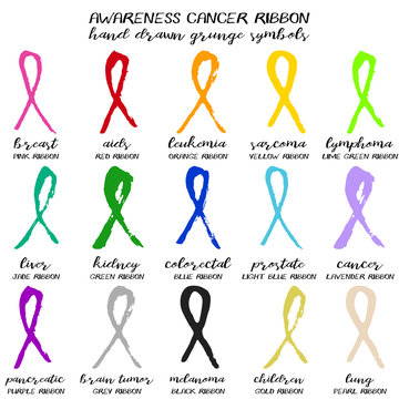 Set of colorful cancer ribbons from brush strokes in different colors and strokes isolated on white background. Vector illustration