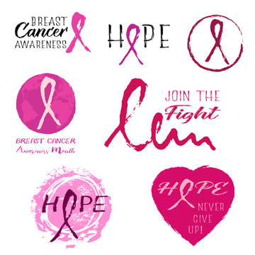 Grunge banners with breast cancer pink ribbon from hand written brush strokes isolated on white. National Breast Cancer Awareness Month. Vector illustration
