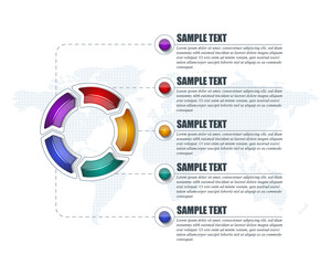 Circle infographic template with 5 steps. Separate colorful icons with sample text. For presentation and design concept. Vector illustration.