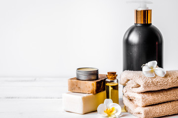 Preparation for spa treatments on white background